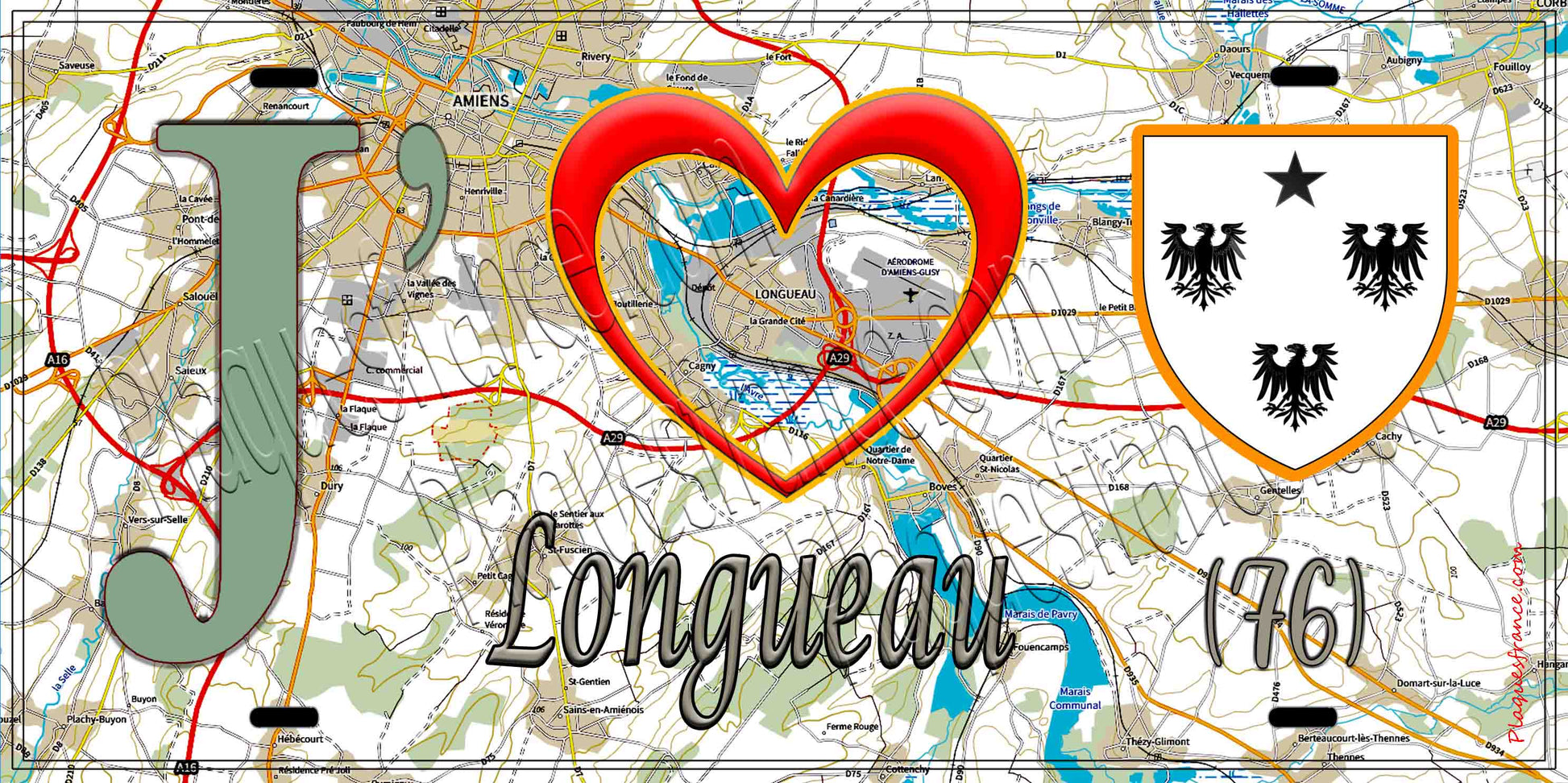 Plaque métal décorative 15X30 J' ❤️ Longueau, Somme (80) géo