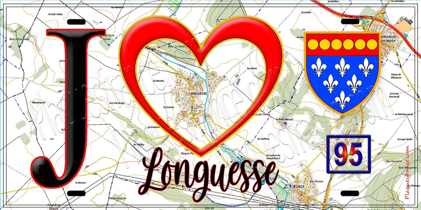 Plaque métal décorative  J' ❤️Longuesse, Val d'Oise (95) fond carte