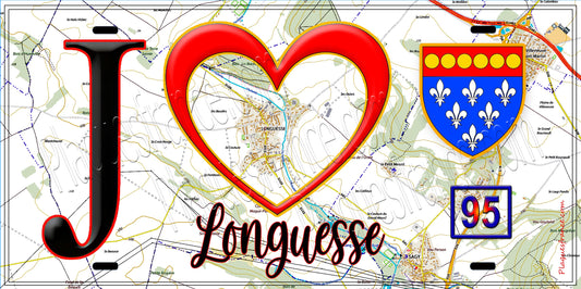 Plaque métal décorative  J' ❤️Longuesse, Val d'Oise (95) fond carte