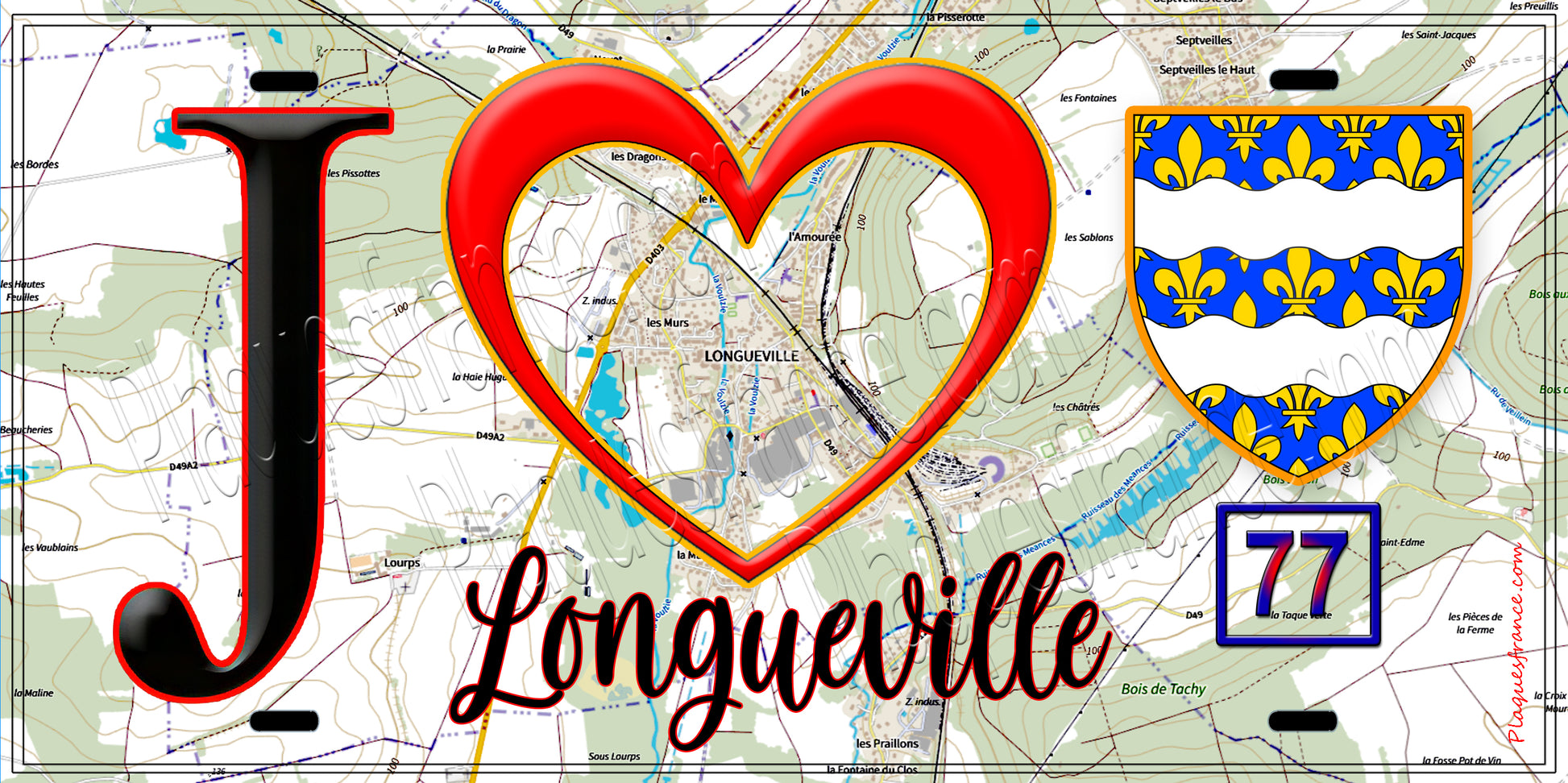 Plaque métal décorative  J' ❤️ Longueville, Seine et Marne (77) fond carte