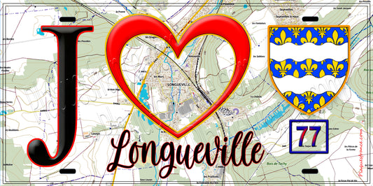 Plaque métal décorative  J' ❤️ Longueville, Seine et Marne (77) fond carte