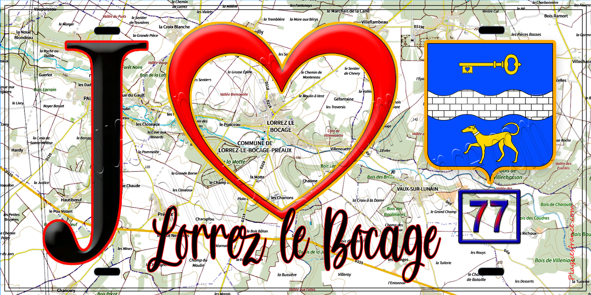 Plaque métal décorative  J' ❤️Lorrez-le-Bocage-Préaux, Seine et Marne (77) fond carte