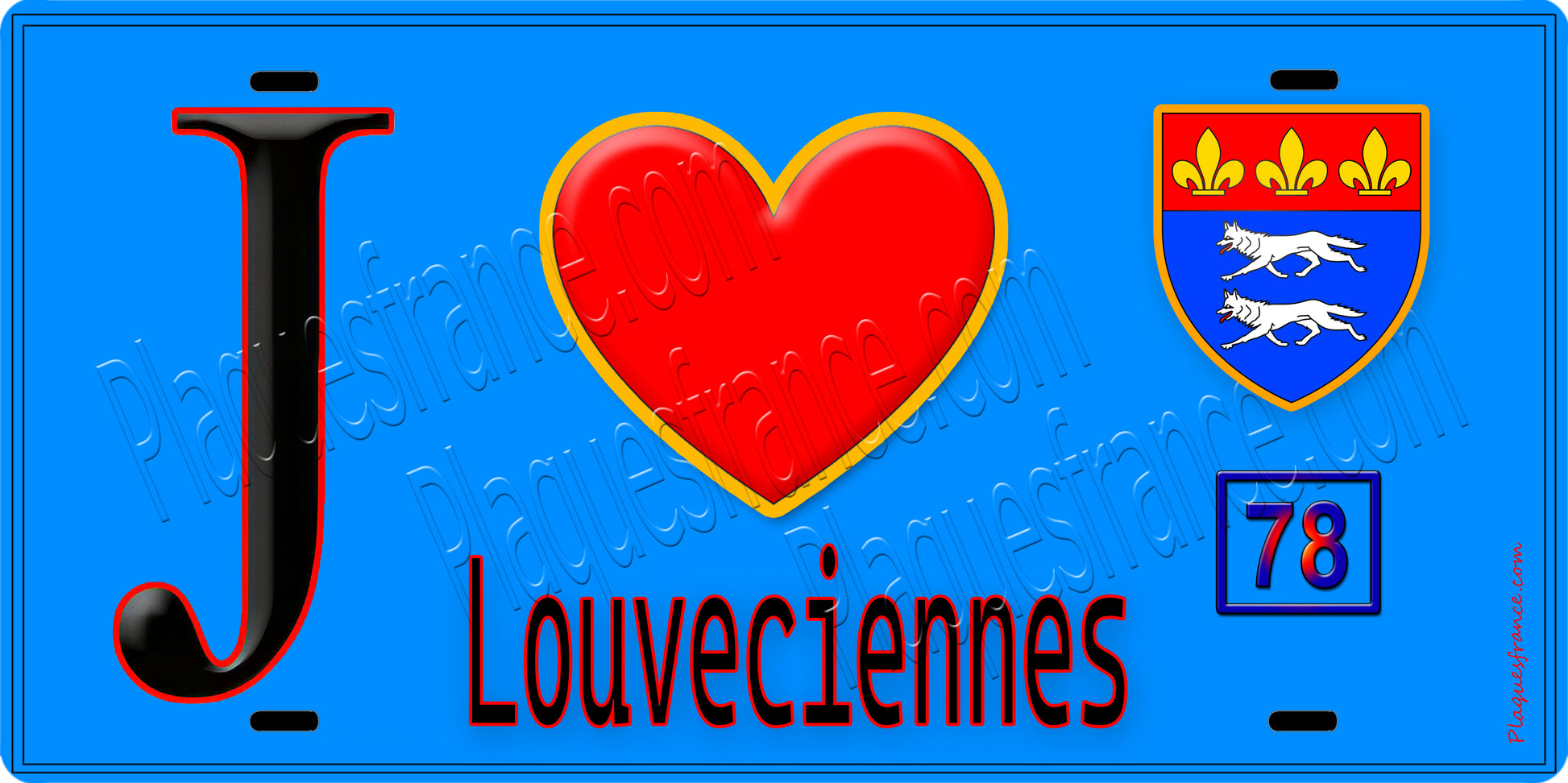 Plaque métal décorative  J' ❤️ Louveciennes, Yvelines (78) fond bleu