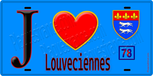 Plaque métal décorative  J' ❤️ Louveciennes, Yvelines (78) fond bleu