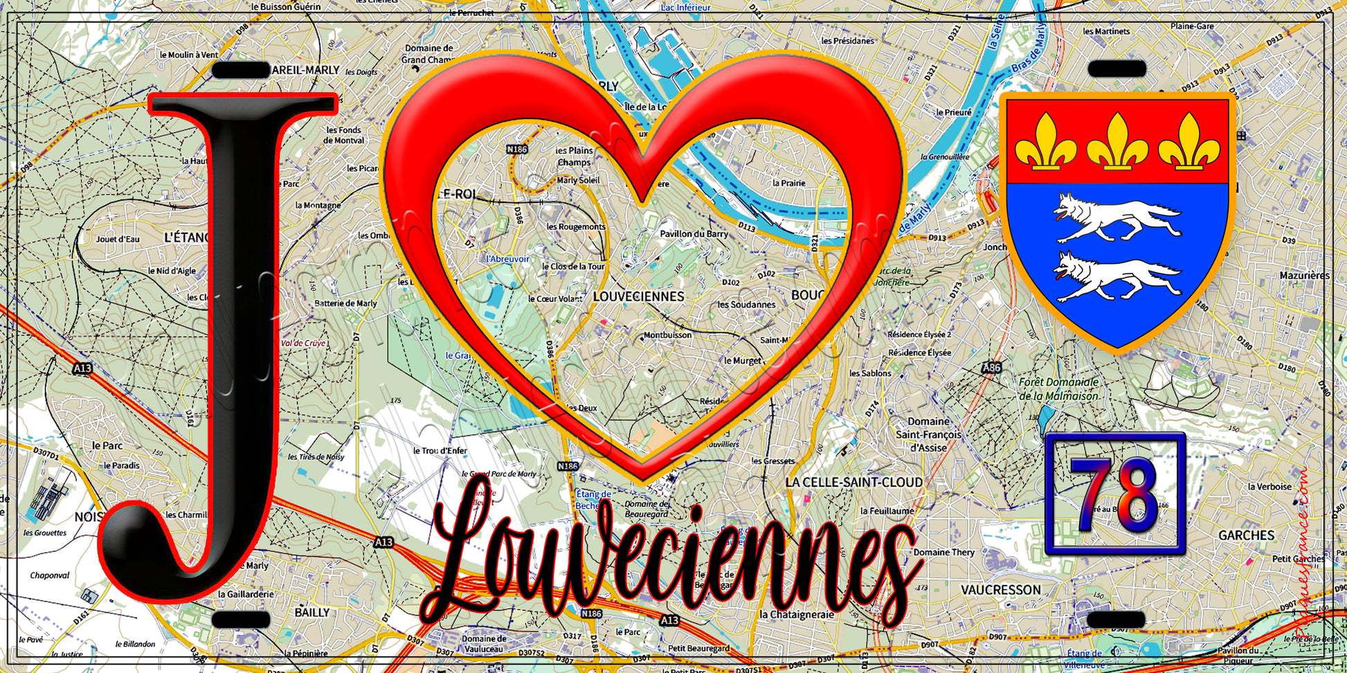 Plaque métal décorative  J' ❤️ Louveciennes, Yvelines (78) fond carte