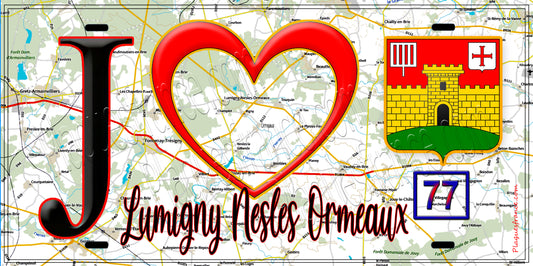 Plaque métal décorative  J' ❤️Lumigny-Nesles-Ormeaux, Seine et Marne (77) fond carte