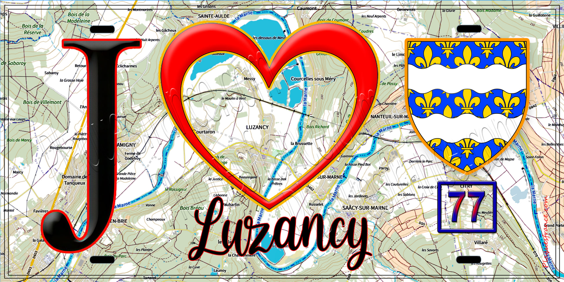 Plaque métal décorative  J' ❤️Luzancy, Seine et Marne (77) fond carte