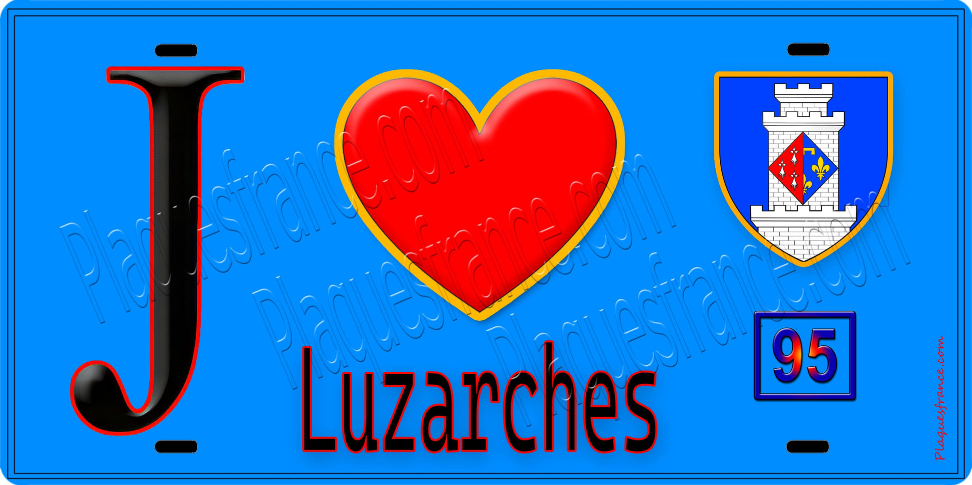 Plaque métal décorative  J' ❤️Luzarches, Val d'Oise (95) fond bleu