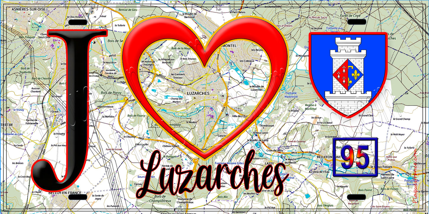 Plaque métal décorative  J' ❤️Luzarches, Val d'Oise (95) fond carte