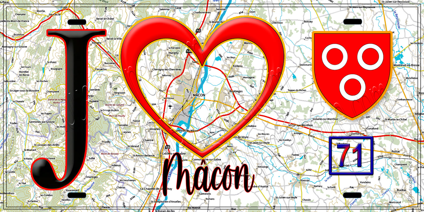 Plaque métal décorative  J' ❤️ Mâcon, Saône et Loire (71) fond carte