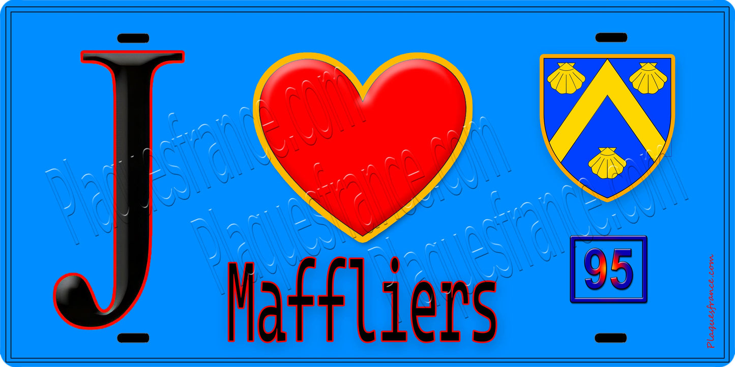 Plaque métal décorative  J' ❤️Maffliers, Val d'Oise (95) fond bleu