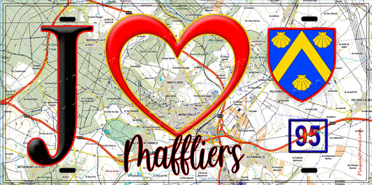 Plaque métal décorative  J' ❤️Maffliers, Val d'Oise (95) fond carte