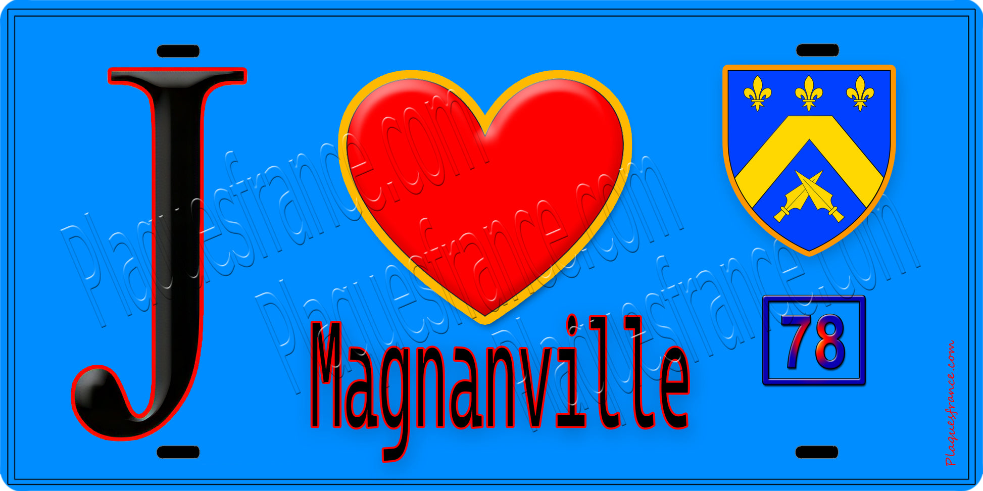 Plaque métal décorative  J' ❤️ Magnanville, Yvelines (78) fond bleu