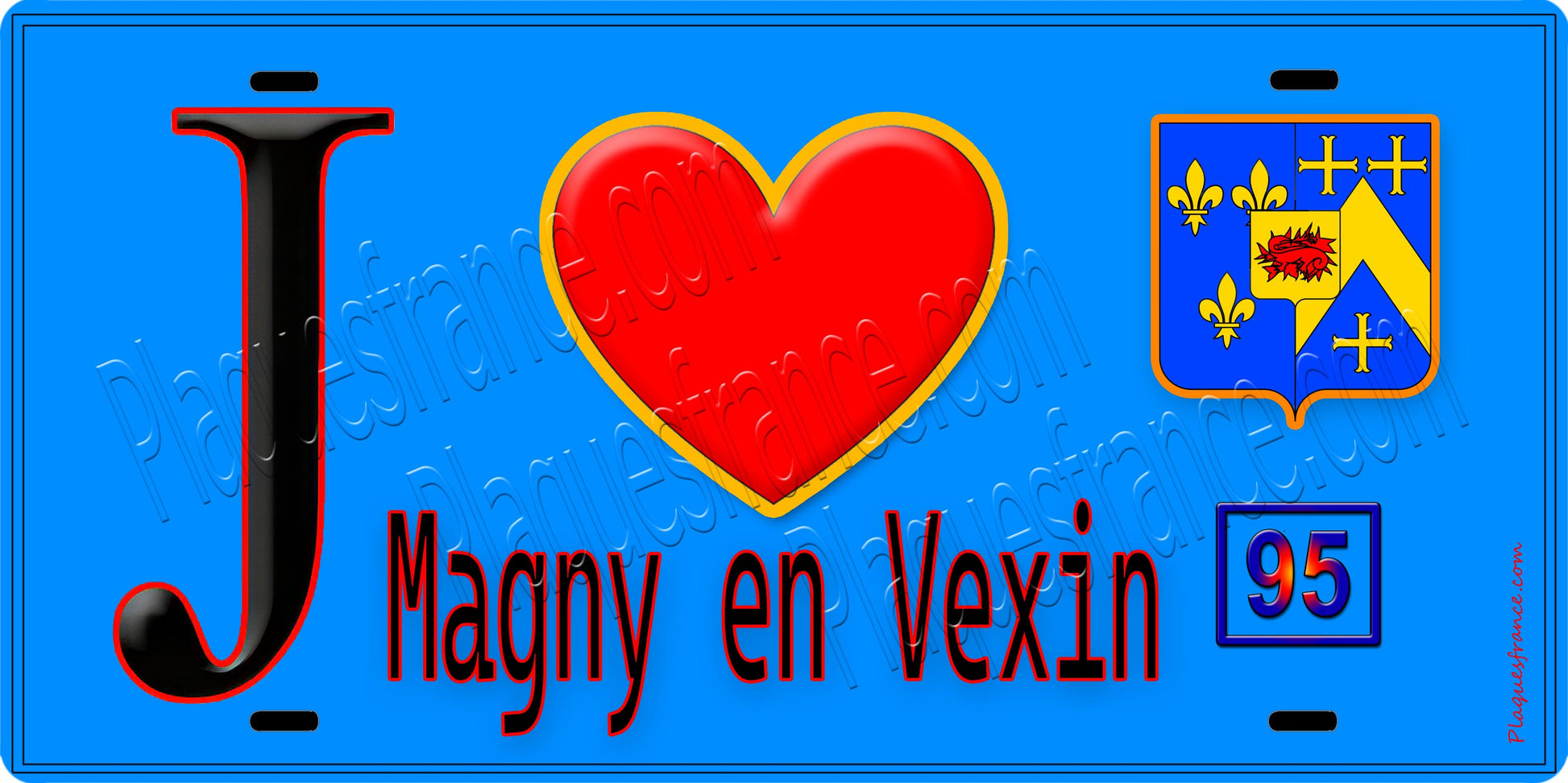 Plaque métal décorative  J' ❤️Magny-en-Vexin, Val d'Oise (95) fond bleu
