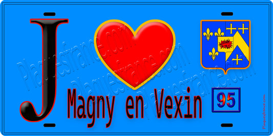 Plaque métal décorative  J' ❤️Magny-en-Vexin, Val d'Oise (95) fond bleu