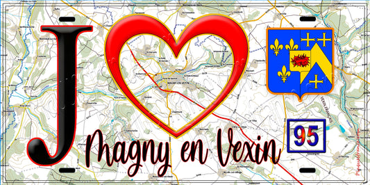 Plaque métal décorative  J' ❤️Magny-en-Vexin, Val d'Oise (95) fond carte