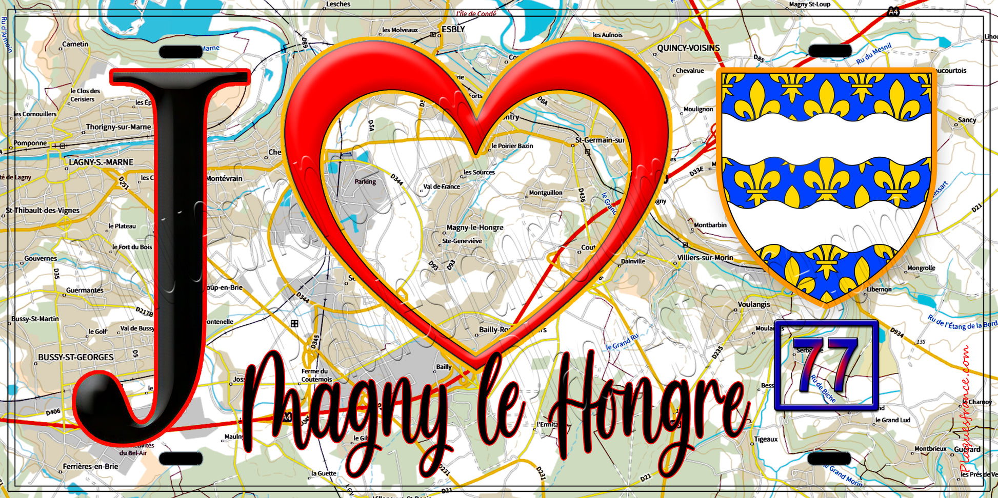 Plaque métal décorative  J' ❤️Magny-le-Hongre, Seine et Marne (77) fond carte