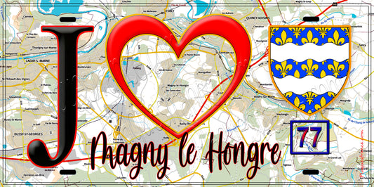 Plaque métal décorative  J' ❤️Magny-le-Hongre, Seine et Marne (77) fond carte