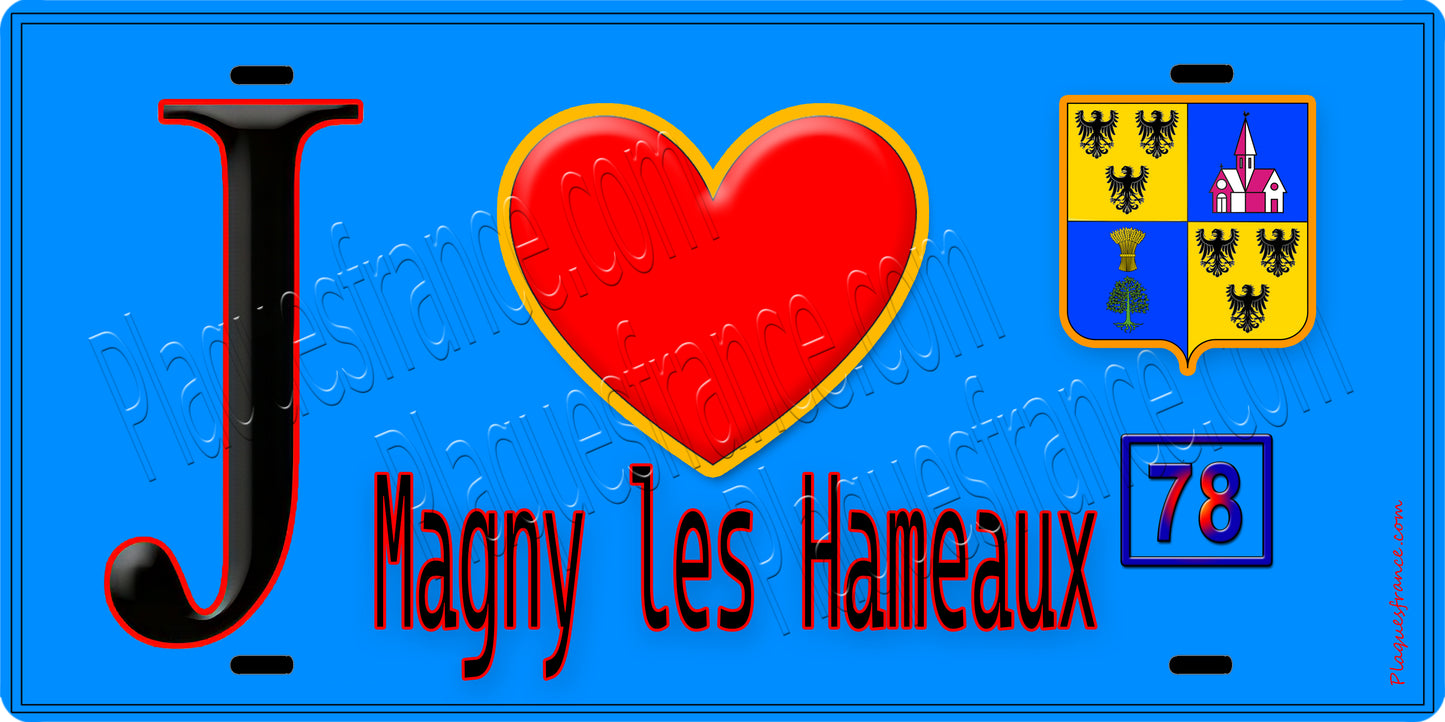 Plaque métal décorative  J' ❤️ Magny-les-Hameaux, Yvelines (78) fond bleu