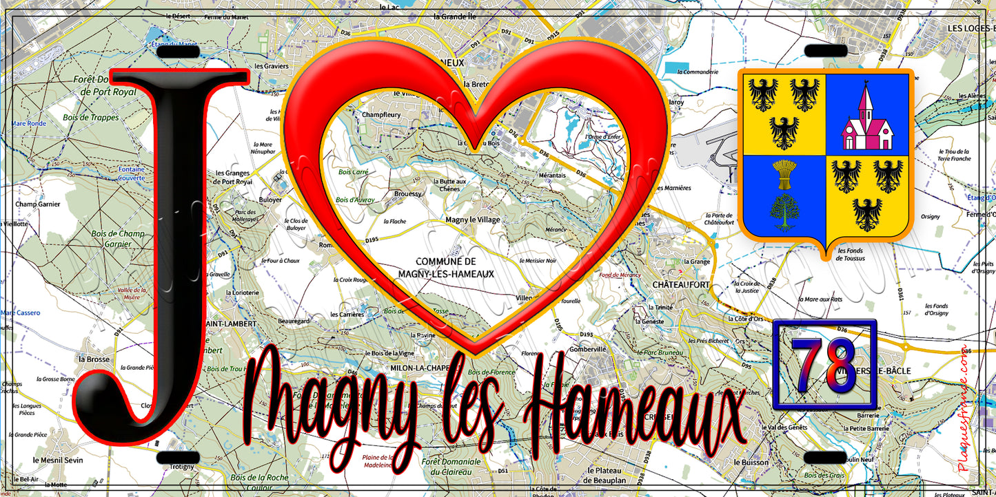 Plaque métal décorative  J' ❤️ Magny-les-Hameaux, Yvelines (78) fond carte