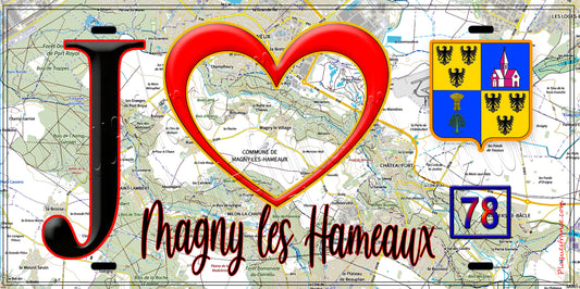 Plaque métal décorative  J' ❤️ Magny-les-Hameaux, Yvelines (78) fond carte