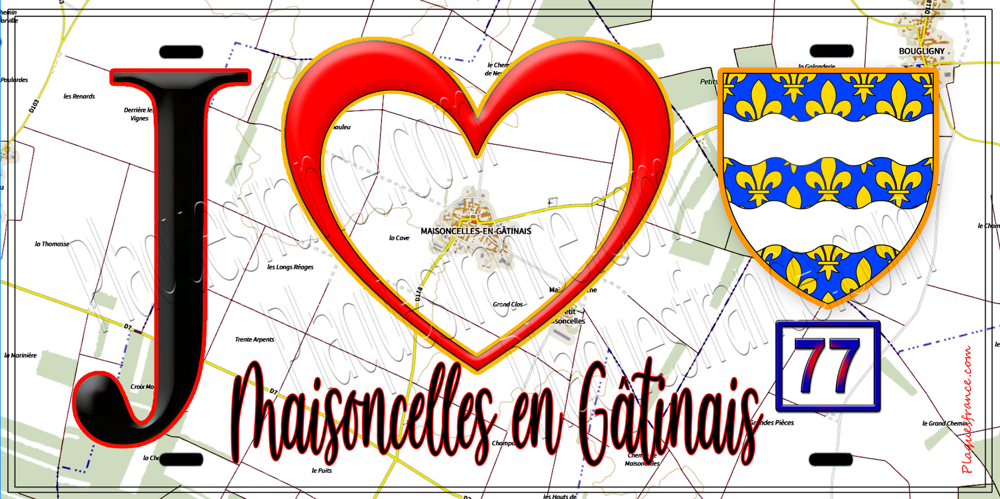 Plaque métal décorative  J' ❤️Maisoncelles-en-Gâtinais, Seine et Marne (77) fond carte