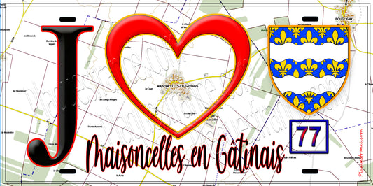 Plaque métal décorative  J' ❤️Maisoncelles-en-Gâtinais, Seine et Marne (77) fond carte
