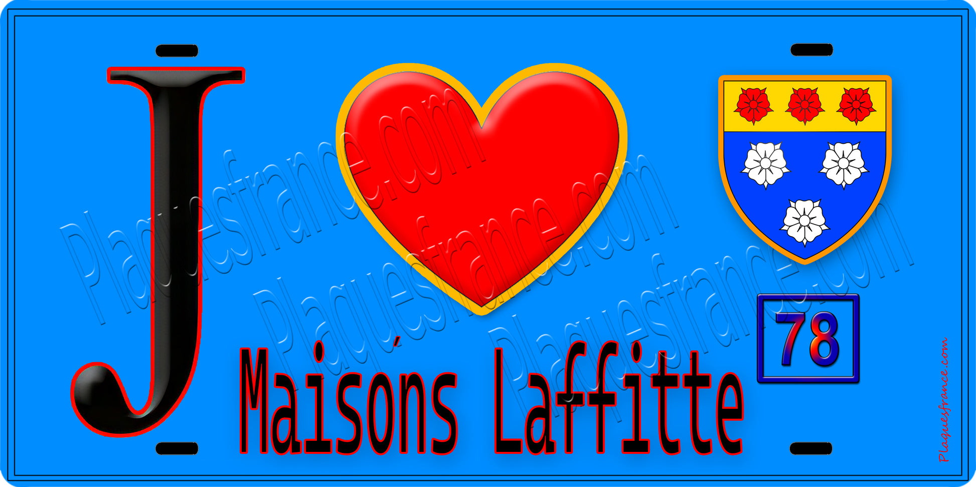 Plaque métal décorative  J' ❤️ Maisons-Laffitte, Yvelines (78) fond bleu