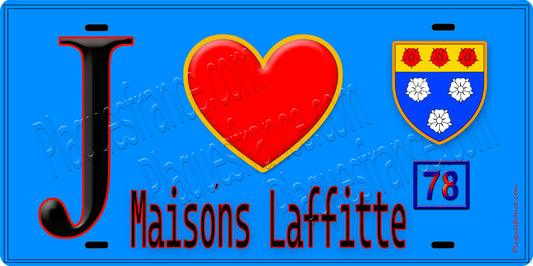 Plaque métal décorative  J' ❤️ Maisons-Laffitte, Yvelines (78) fond bleu