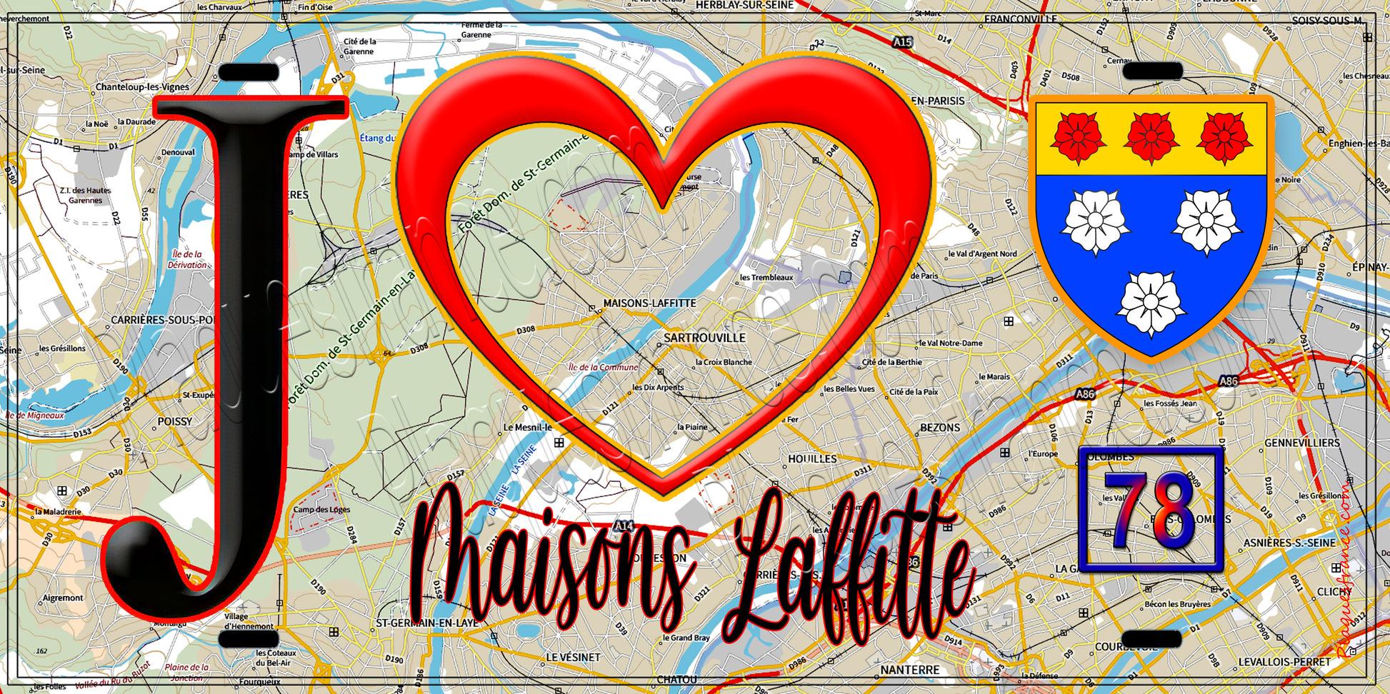 Plaque métal décorative  J' ❤️ Maisons-Laffitte, Yvelines (78) fond carte