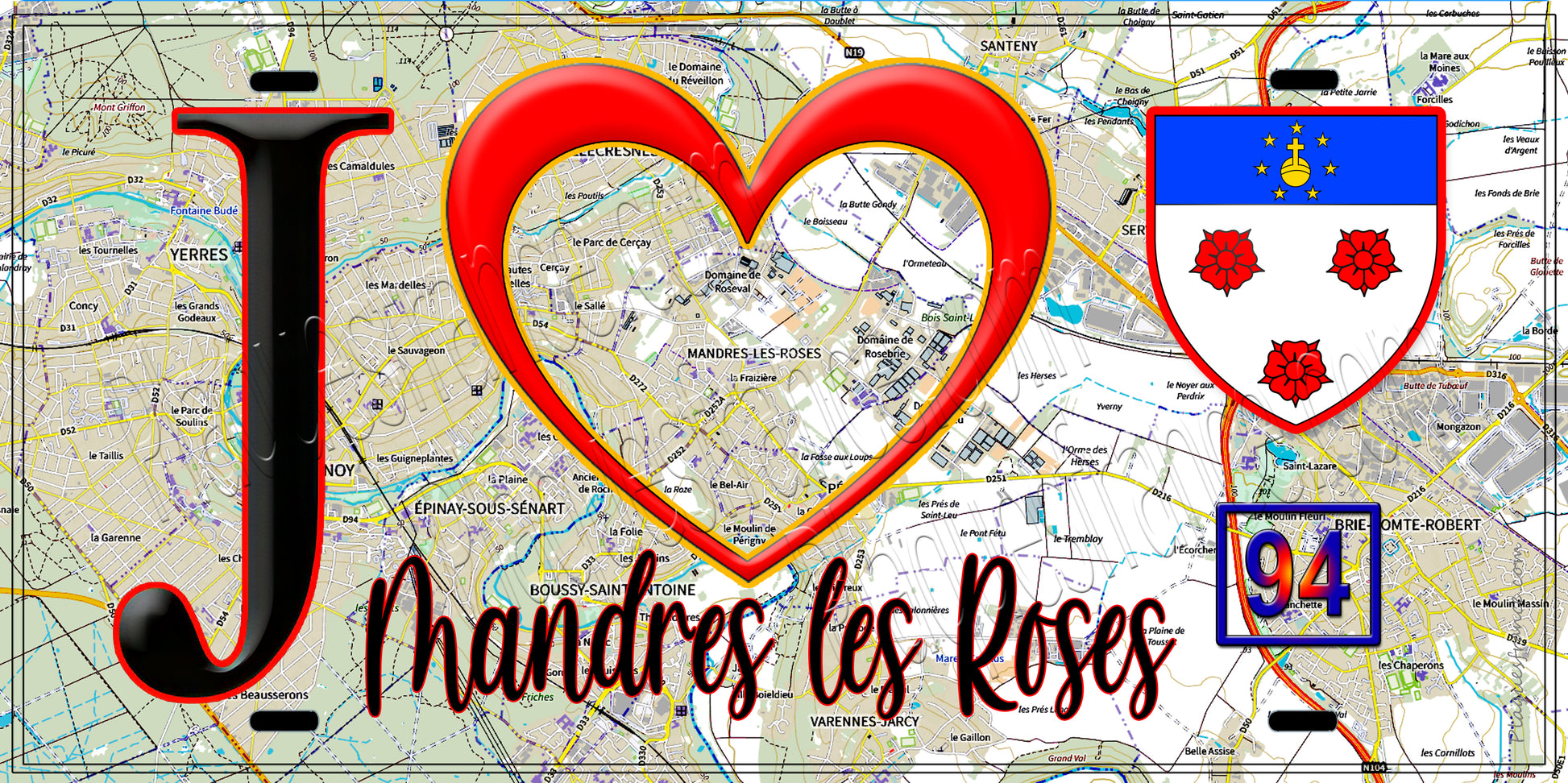 Plaque métal décorative  J' ❤️Mandres-les-Roses, Val de Marne (94) fond carte