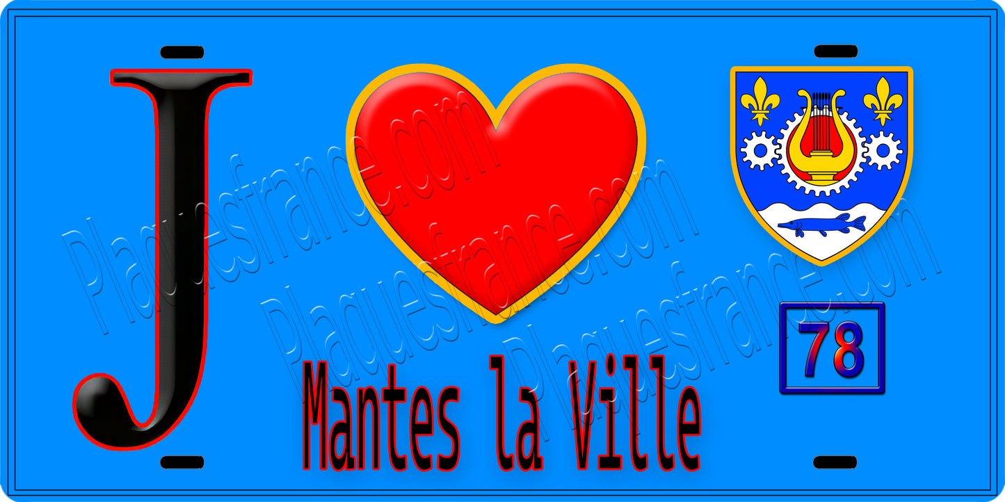Plaque métal décorative  J' ❤️ Mantes-la-Ville, Yvelines (78) fond bleu