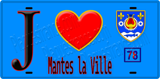 Plaque métal décorative  J' ❤️ Mantes-la-Ville, Yvelines (78) fond bleu
