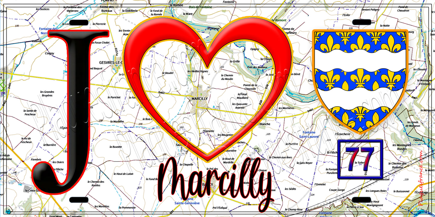 Plaque métal décorative  J' ❤️Marcilly, Seine et Marne (77) fond carte