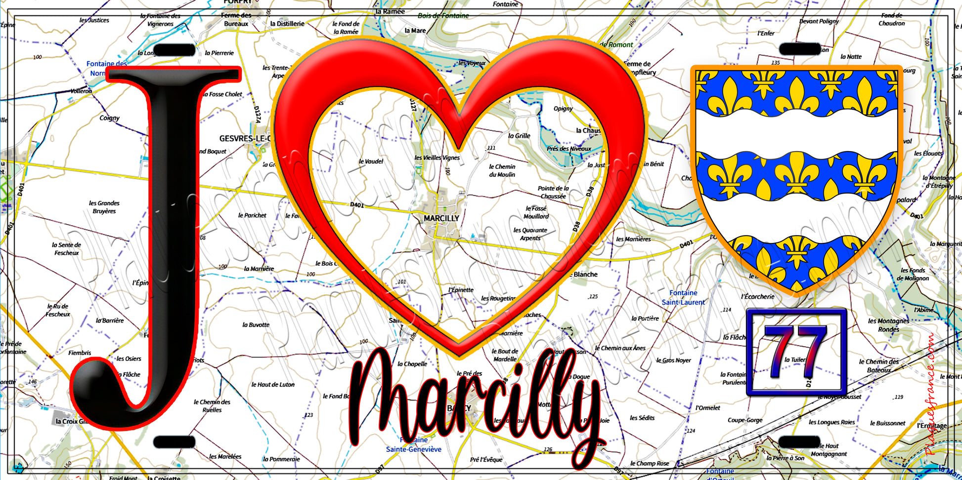 Plaque métal décorative  J' ❤️Marcilly, Seine et Marne (77) fond carte