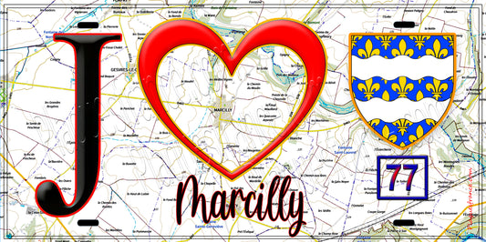 Plaque métal décorative  J' ❤️Marcilly, Seine et Marne (77) fond carte