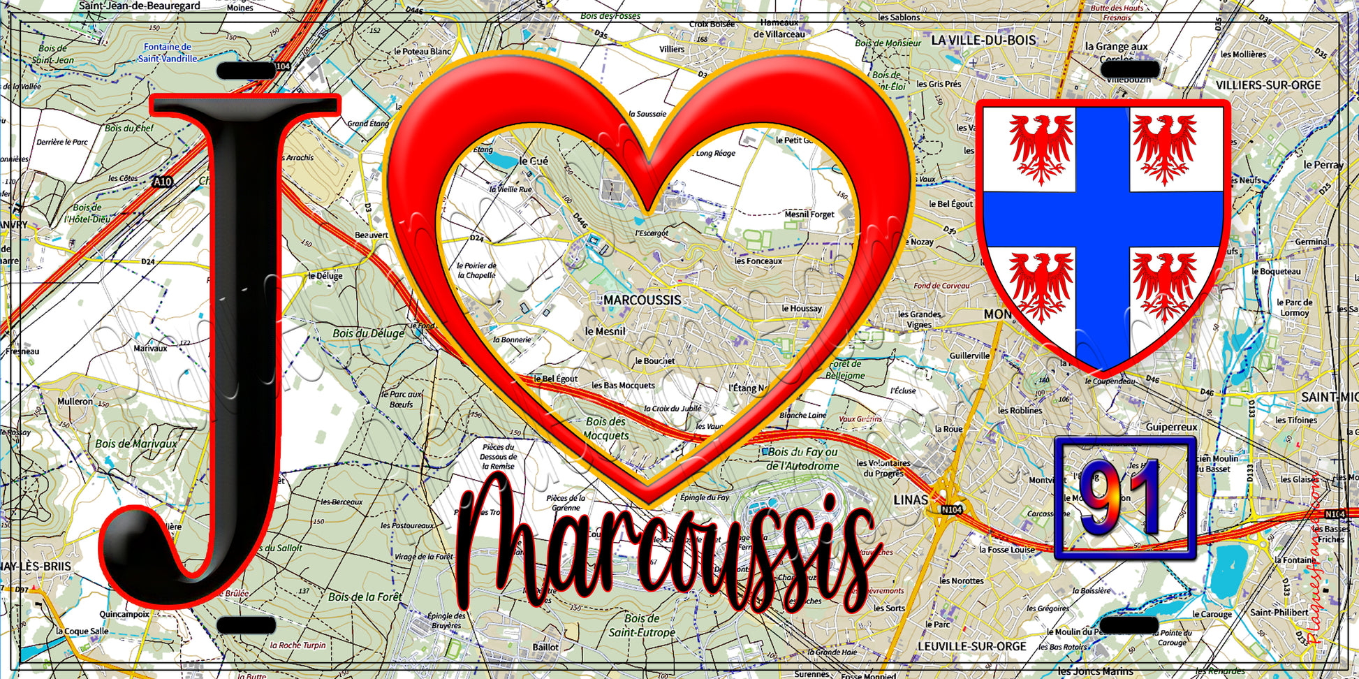 Plaque métal décorative  J' ❤️Marcoussis, Essonne (91) fond carte