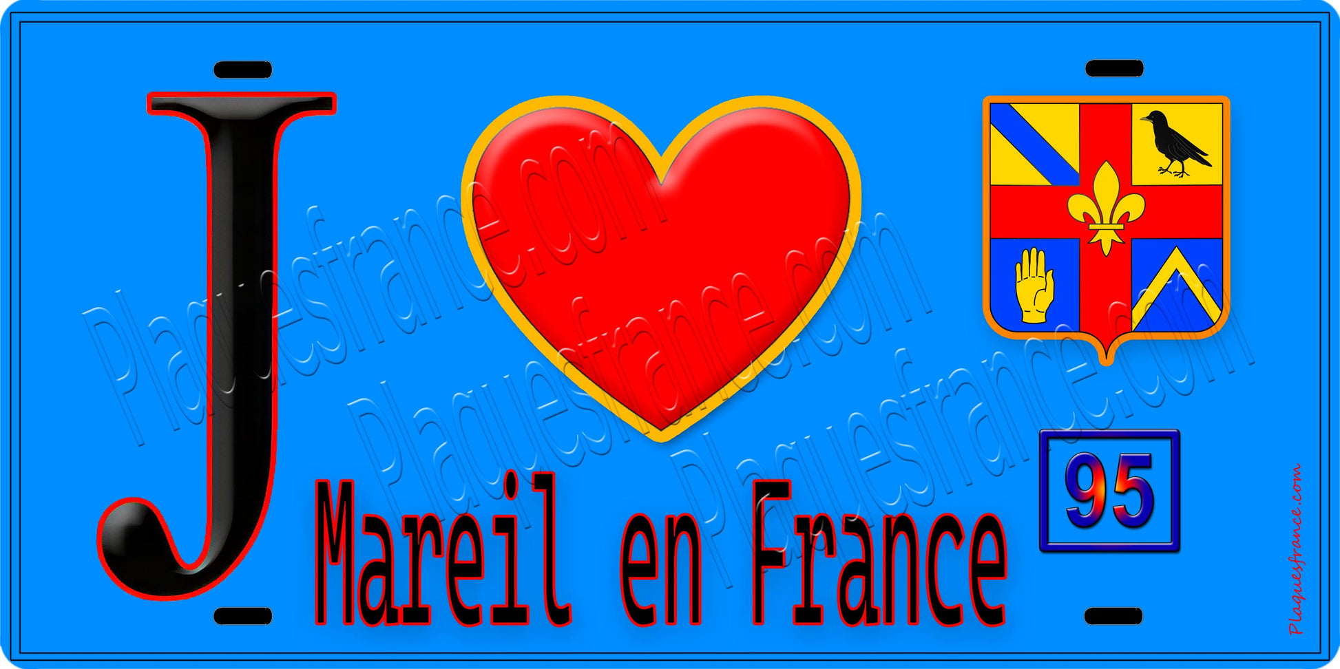 Plaque métal décorative  J' ❤️Mareil-en-France, Val d'Oise (95) fond bleu