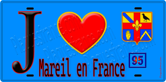 Plaque métal décorative  J' ❤️Mareil-en-France, Val d'Oise (95) fond bleu