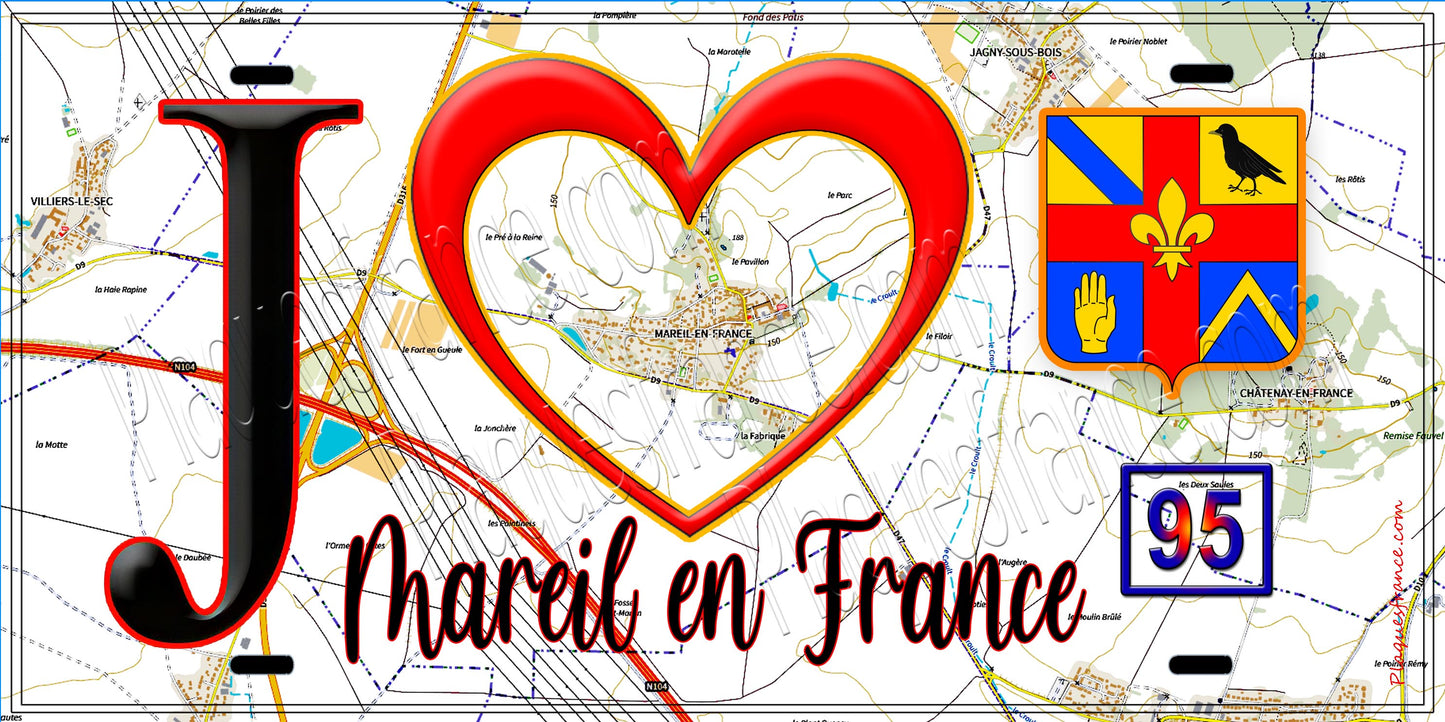 Plaque métal décorative  J' ❤️Mareil-en-France, Val d'Oise (95) fond carte