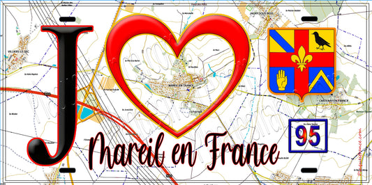 Plaque métal décorative  J' ❤️Mareil-en-France, Val d'Oise (95) fond carte