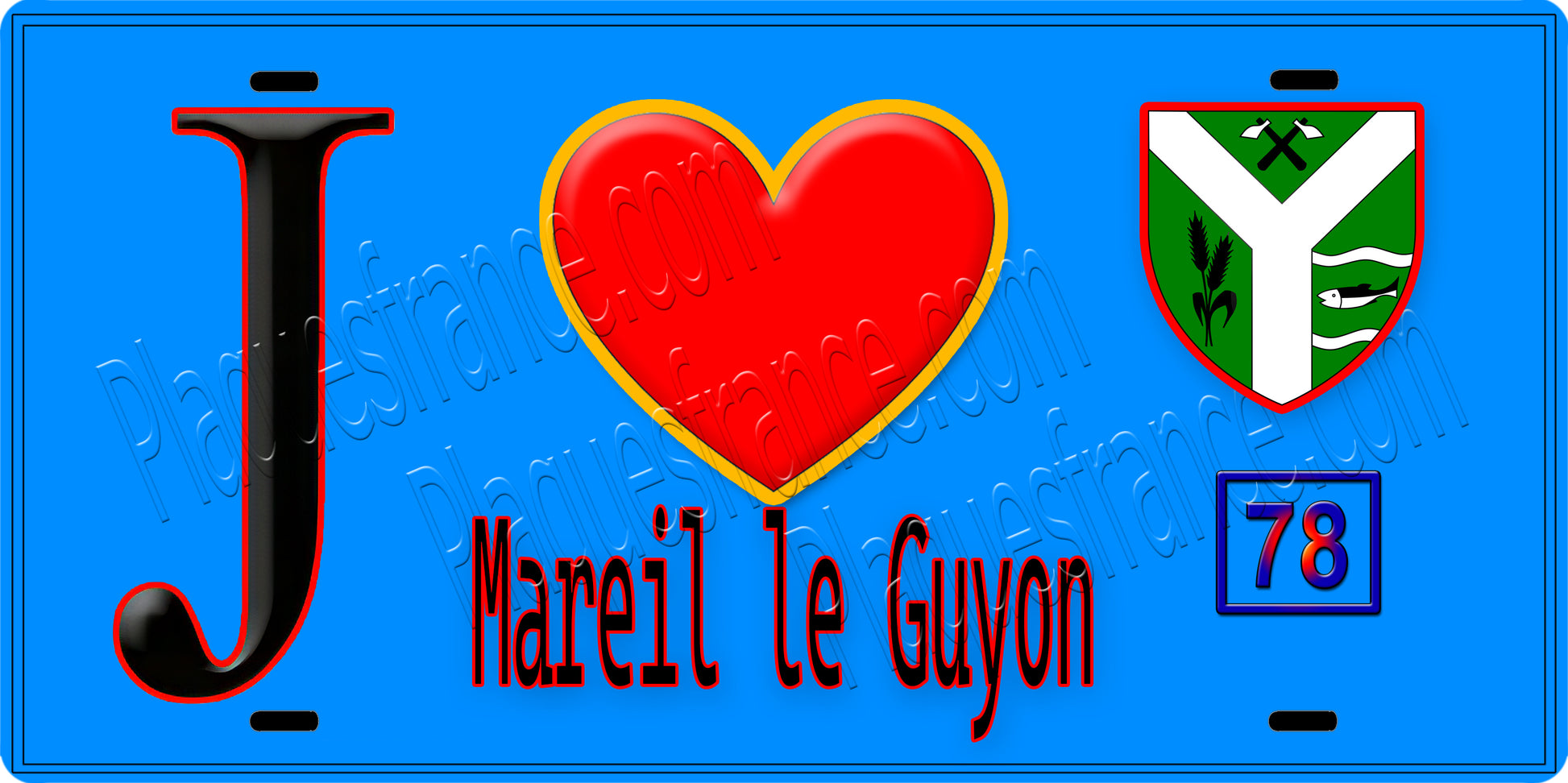 Plaque métal décorative  J' ❤️ Mareil-le-Guyon, Yvelines (78) fond bleu