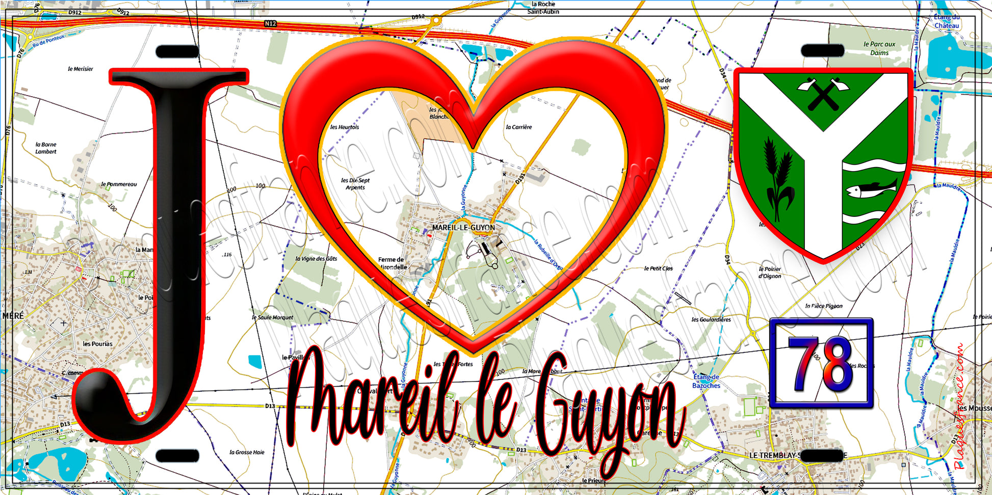 Plaque métal décorative  J' ❤️ Mareil-le-Guyon, Yvelines (78) fond carte