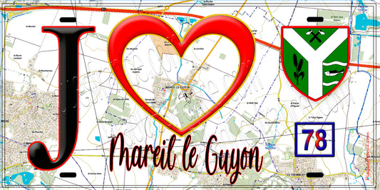 Plaque métal décorative  J' ❤️ Mareil-le-Guyon, Yvelines (78) fond carte