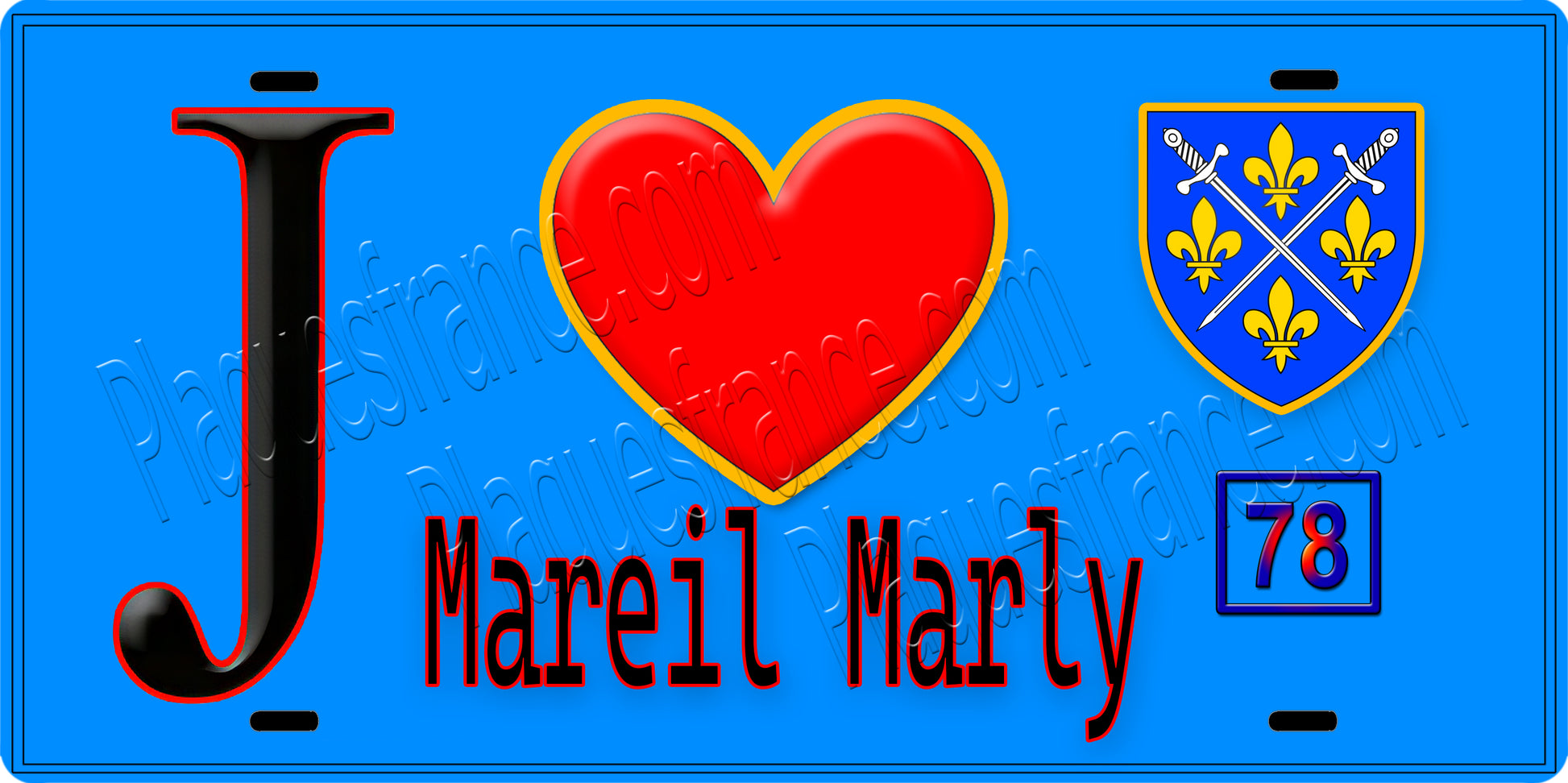 Plaque métal décorative  J' ❤️ Mareil-Marly, Yvelines (78) fond bleu