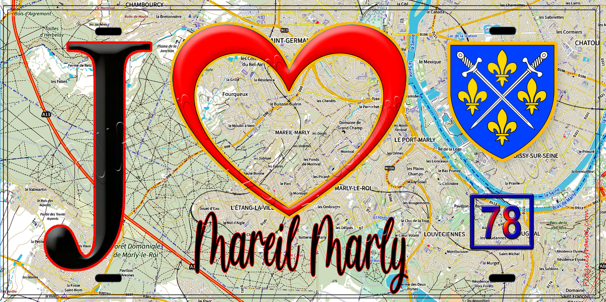 Plaque métal décorative  J' ❤️ Mareil-Marly, Yvelines (78) fond carte