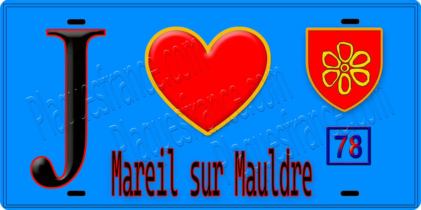Plaque métal décorative  J' ❤️ Mareil-sur-Mauldre, Yvelines (78) fond bleu