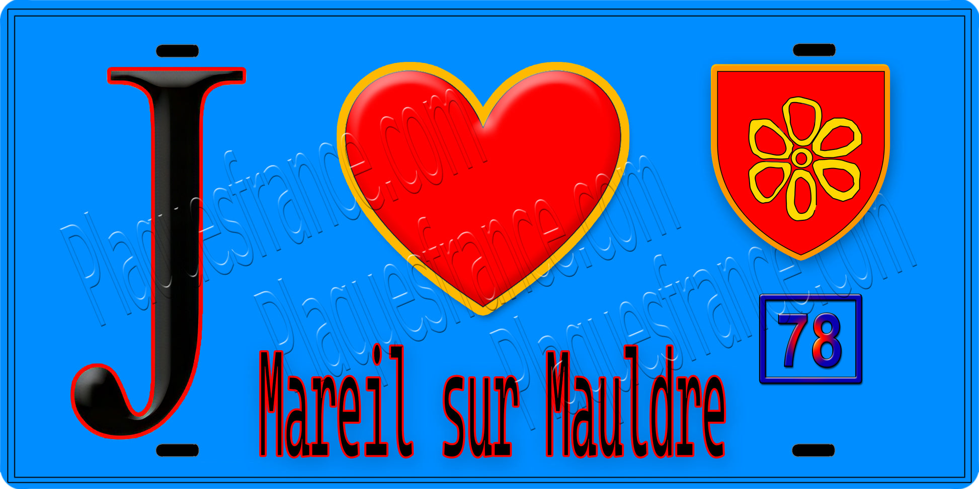 Plaque métal décorative  J' ❤️ Mareil-sur-Mauldre, Yvelines (78) fond bleu