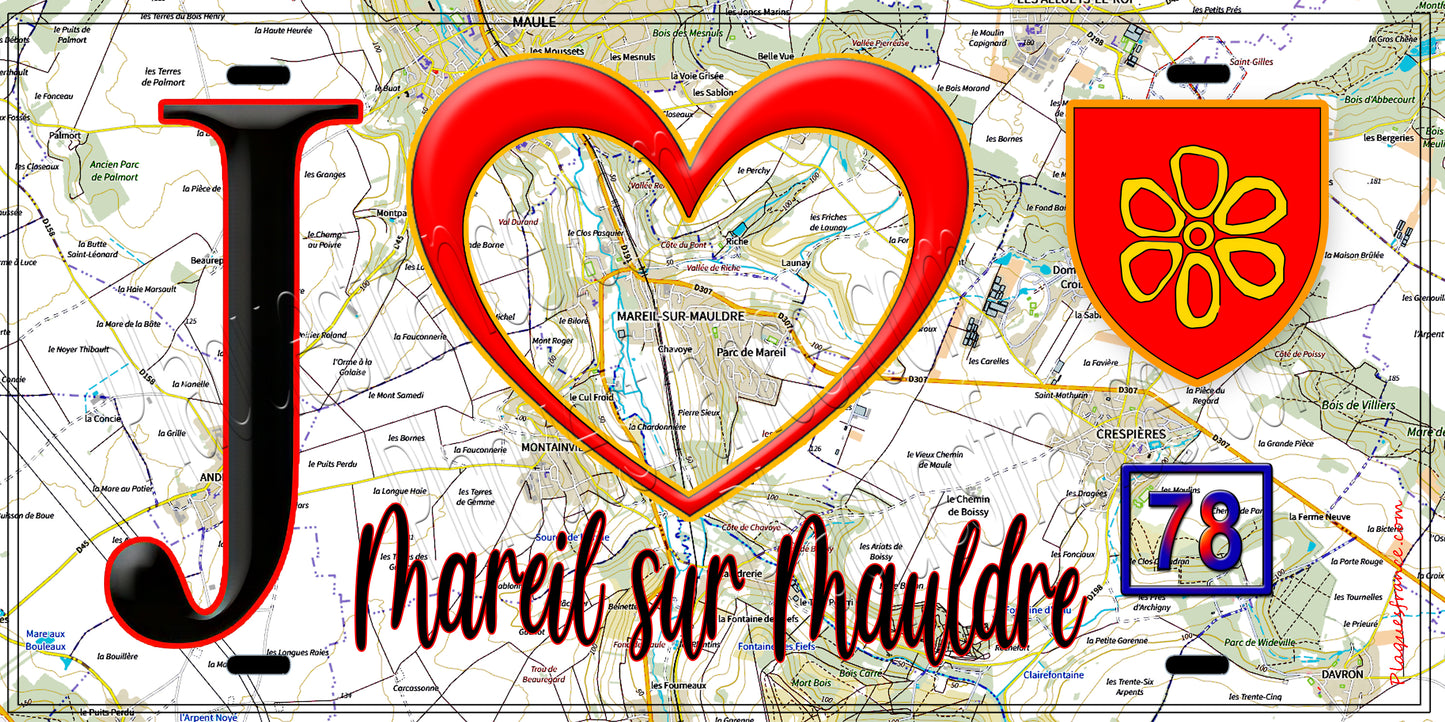 Plaque métal décorative  J' ❤️ Mareil-sur-Mauldre, Yvelines (78) fond carte