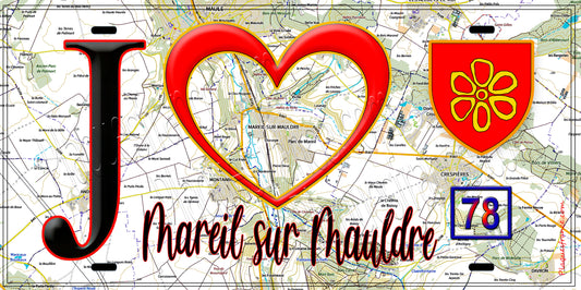 Plaque métal décorative  J' ❤️ Mareil-sur-Mauldre, Yvelines (78) fond carte